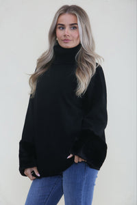 Fur Cuff Detailed, Viscose, Polymide & Modal Knitted, Roll Neck Jumper