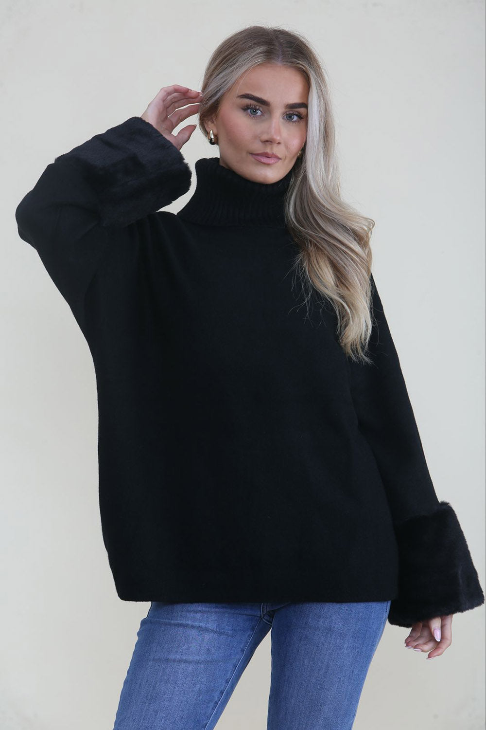 Fur Cuff Detailed, Viscose, Polymide & Modal Knitted, Roll Neck Jumper