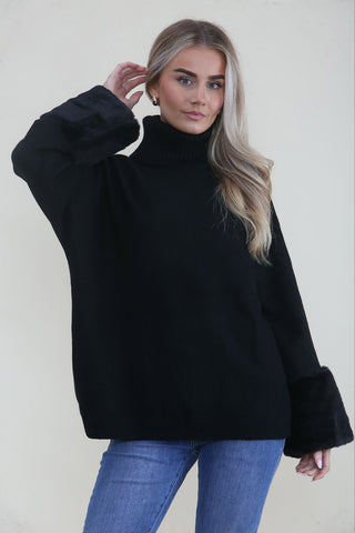 Fur Cuff Detailed, Viscose, Polymide & Modal Knitted, Roll Neck Jumper