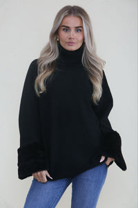 Fur Cuff Detailed, Viscose, Polymide & Modal Knitted, Roll Neck Jumper
