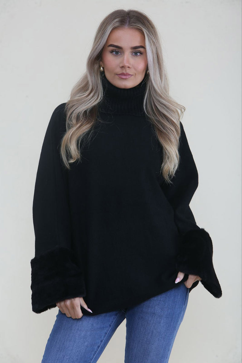 Fur Cuff Detailed, Viscose, Polymide & Modal Knitted, Roll Neck Jumper