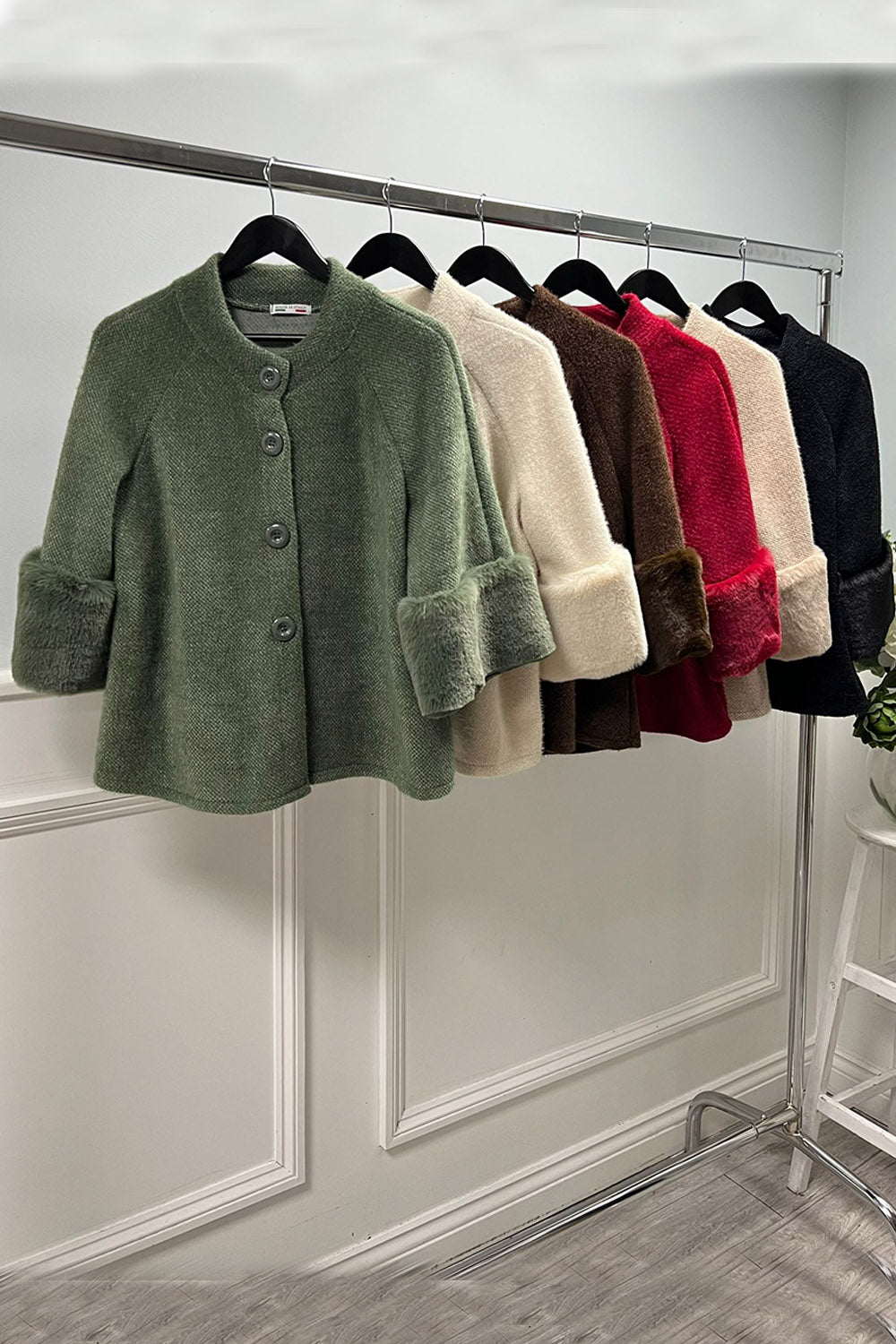 High Neck, Fur Cuff Detailed, Chenille & Nylon Knitted Jacket