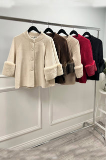 High Neck, Fur Cuff Detailed, Chenille & Nylon Knitted Jacket