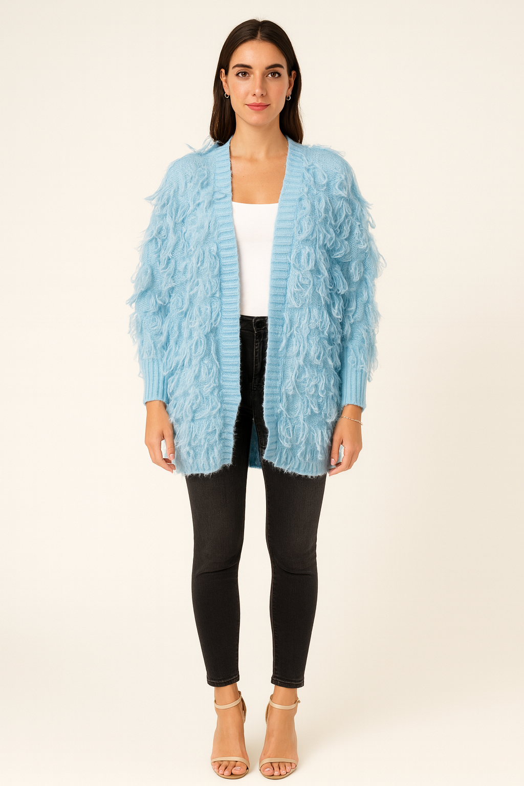 Textured Fringe Knit Cardigan, Material: Chunky knit with textured fringe detailing