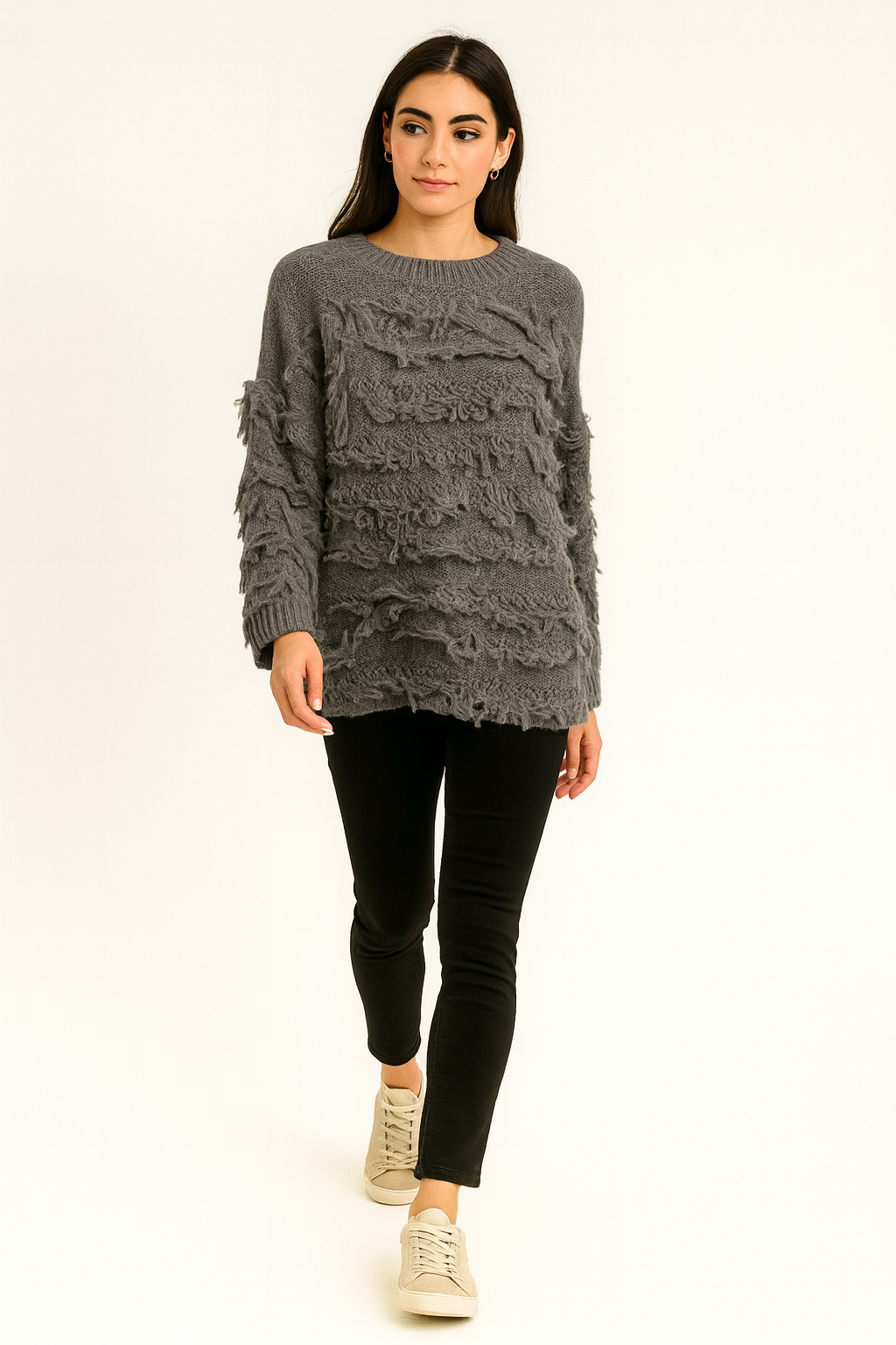 round neck ,oversized knit jumper fringed effect across the front, sleeves, and back