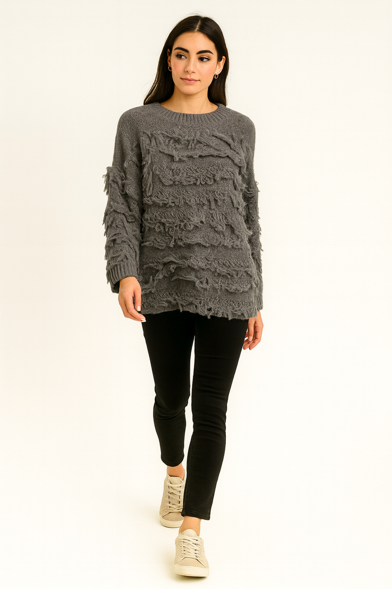 round neck ,oversized knit jumper fringed effect across the front, sleeves, and back