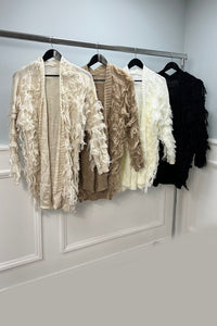 Textured Fringe Knit Cardigan, Material: Chunky knit with textured fringe detailing