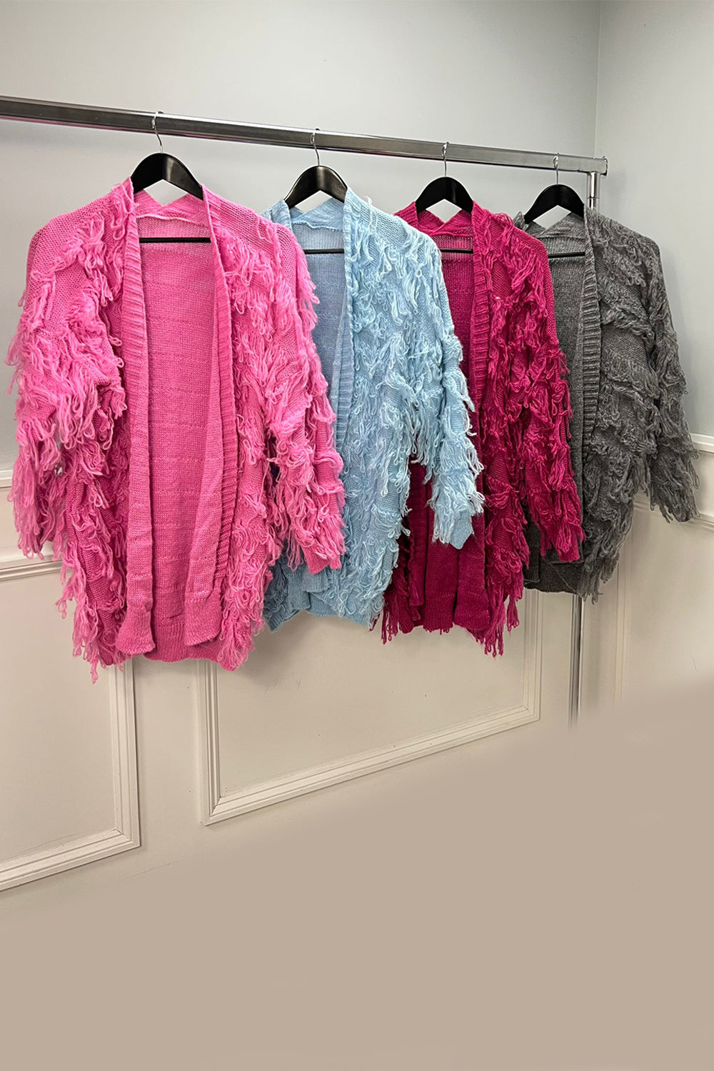 Textured Fringe Knit Cardigan, Material: Chunky knit with textured fringe detailing