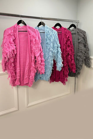 Textured Fringe Knit Cardigan, Material: Chunky knit with textured fringe detailing