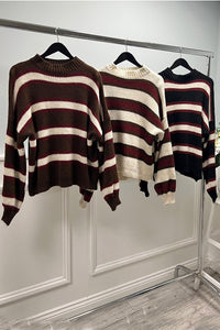 Long sleeves , dropped shoulders , striped knited jumper