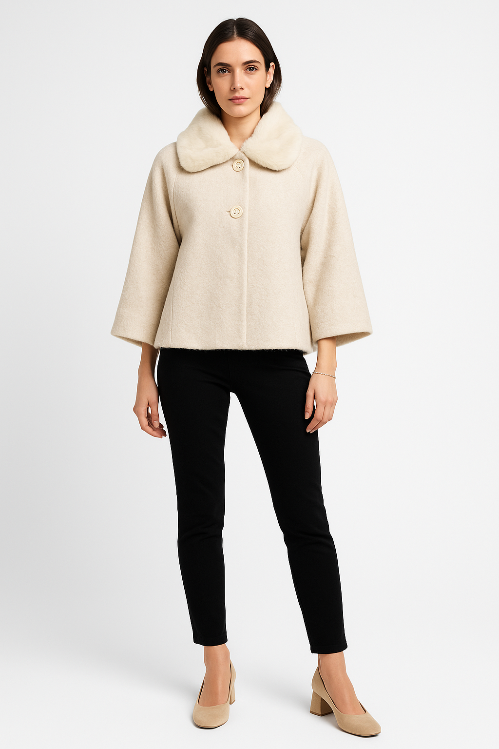 Wool-blend , Faux Fur&nbsp; jacket with wide sleeves