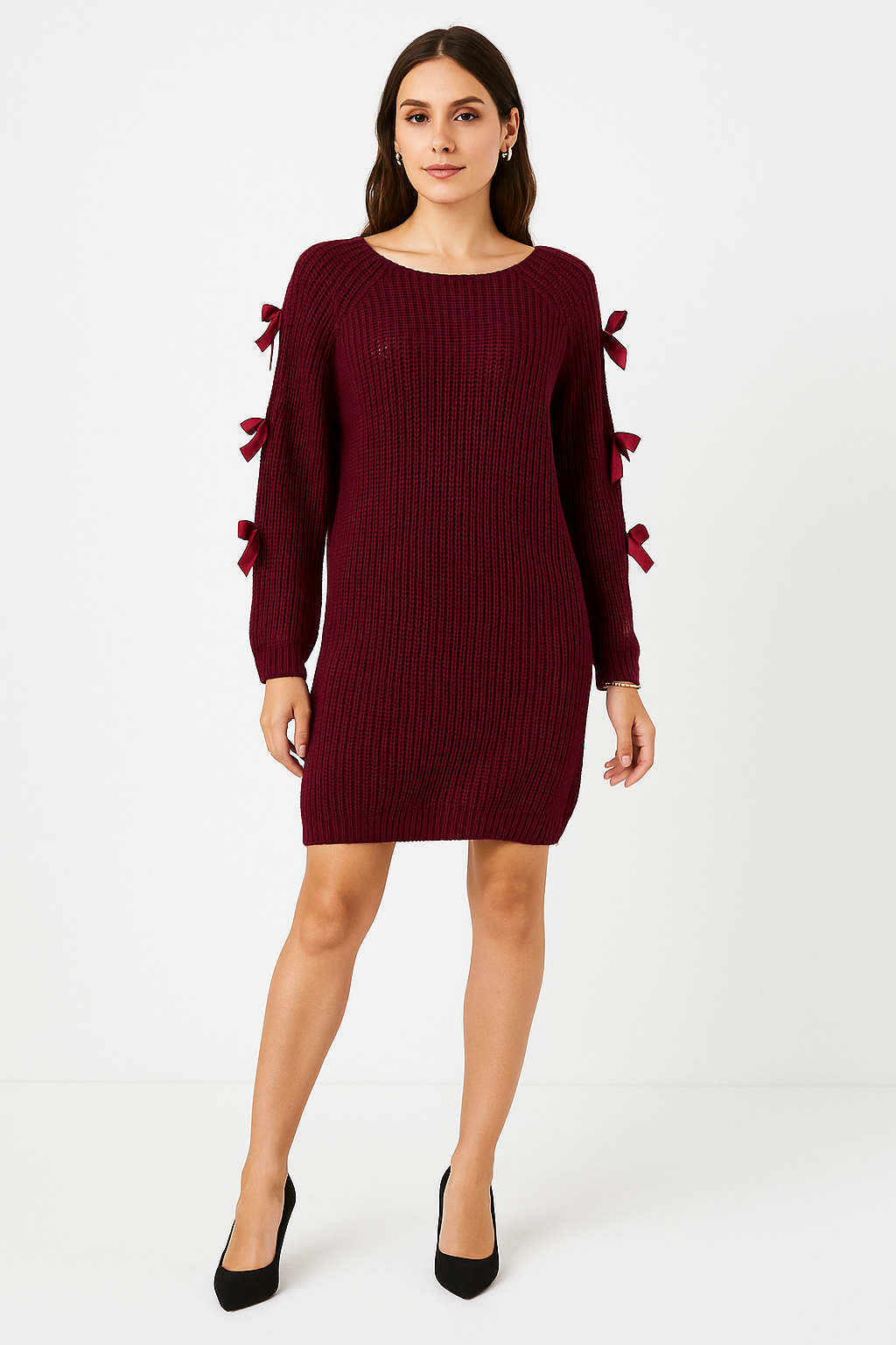 Slash Neck, Satin Bow Detailed, Lana Wool, Mohair & Acrylic Knitted Jumper.