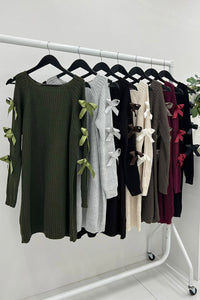 Slash Neck, Satin Bow Detailed, Lana Wool, Mohair & Acrylic Knitted Jumper.