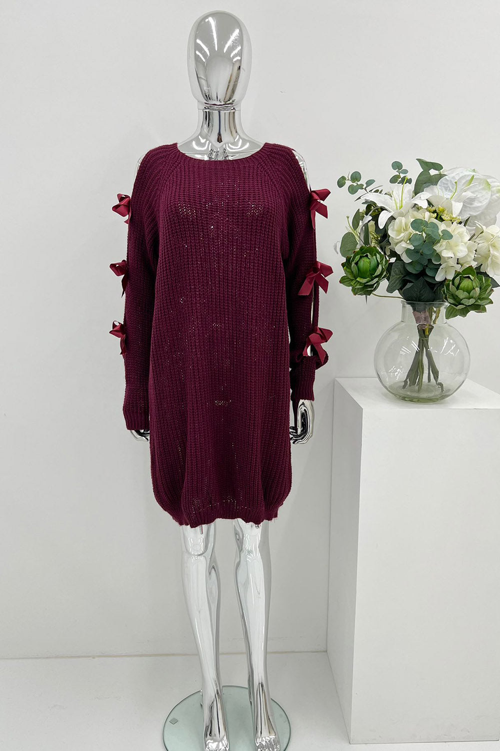 Slash Neck, Satin Bow Detailed, Lana Wool, Mohair & Acrylic Knitted Jumper.