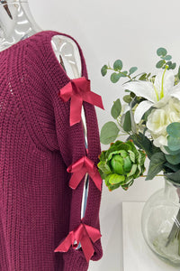 Slash Neck, Satin Bow Detailed, Lana Wool, Mohair & Acrylic Knitted Jumper.