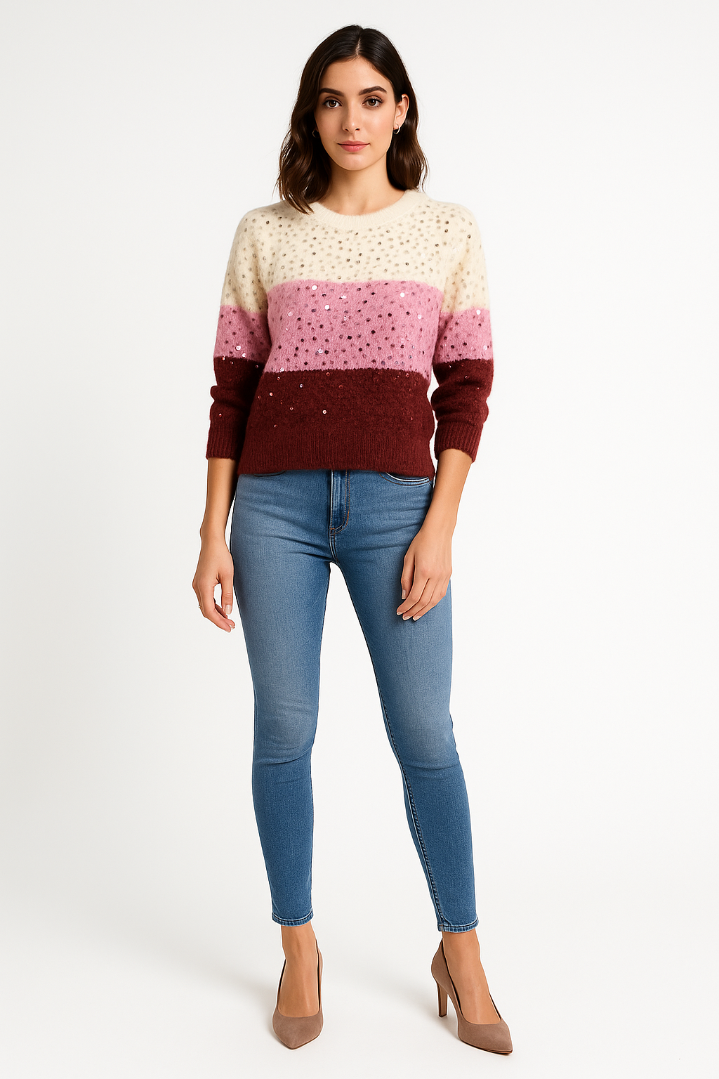 Sequin-Embellished Wool Blend Sweater in Ombre Hues