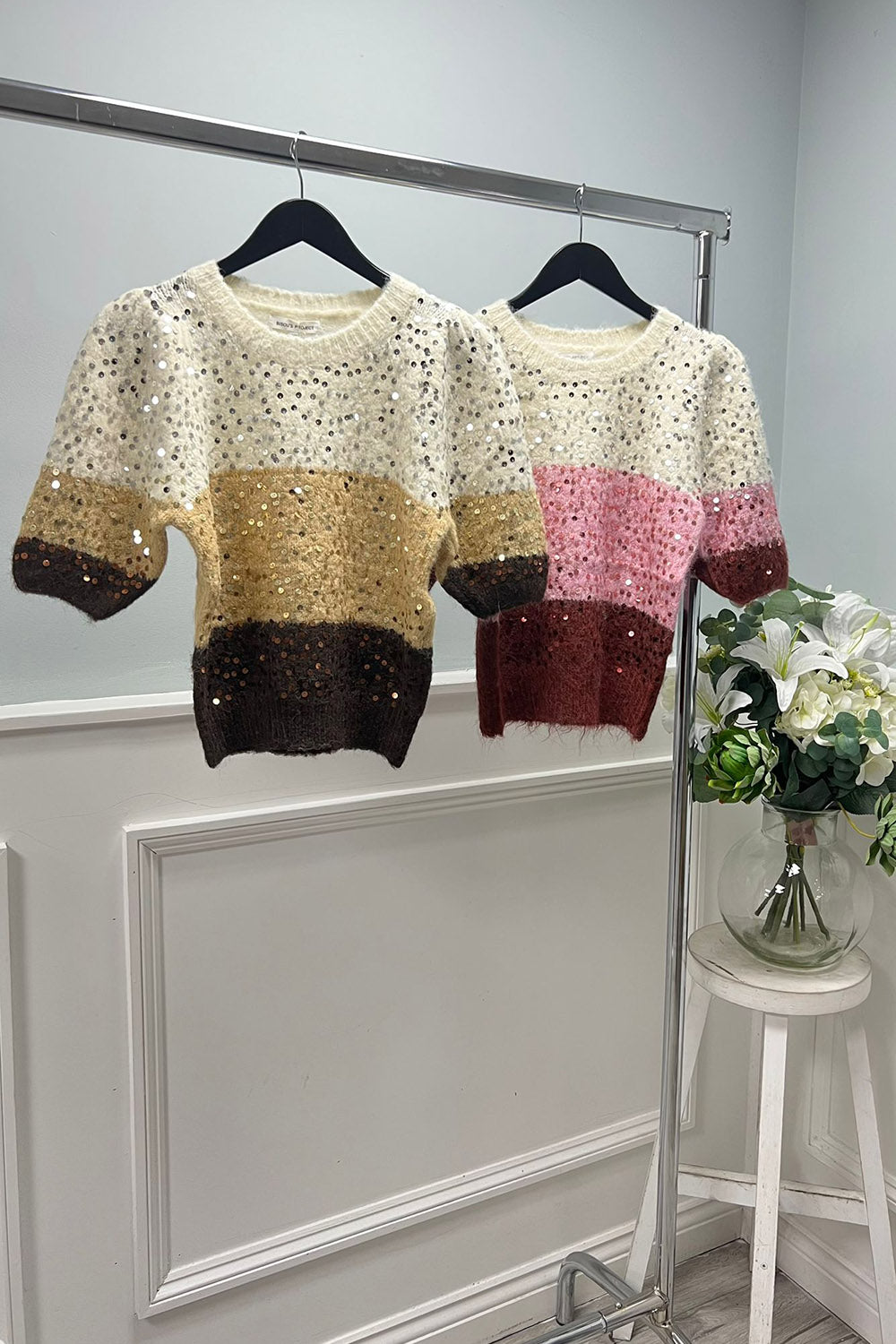 Sequin-Embellished Wool Blend Sweater in Ombre Hues