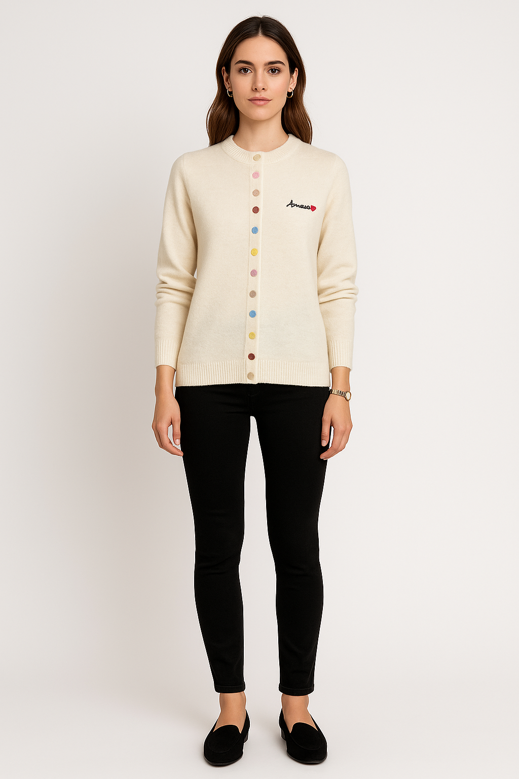 Cream cardigan with rainbow buttons