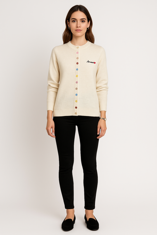 Cream cardigan with rainbow buttons