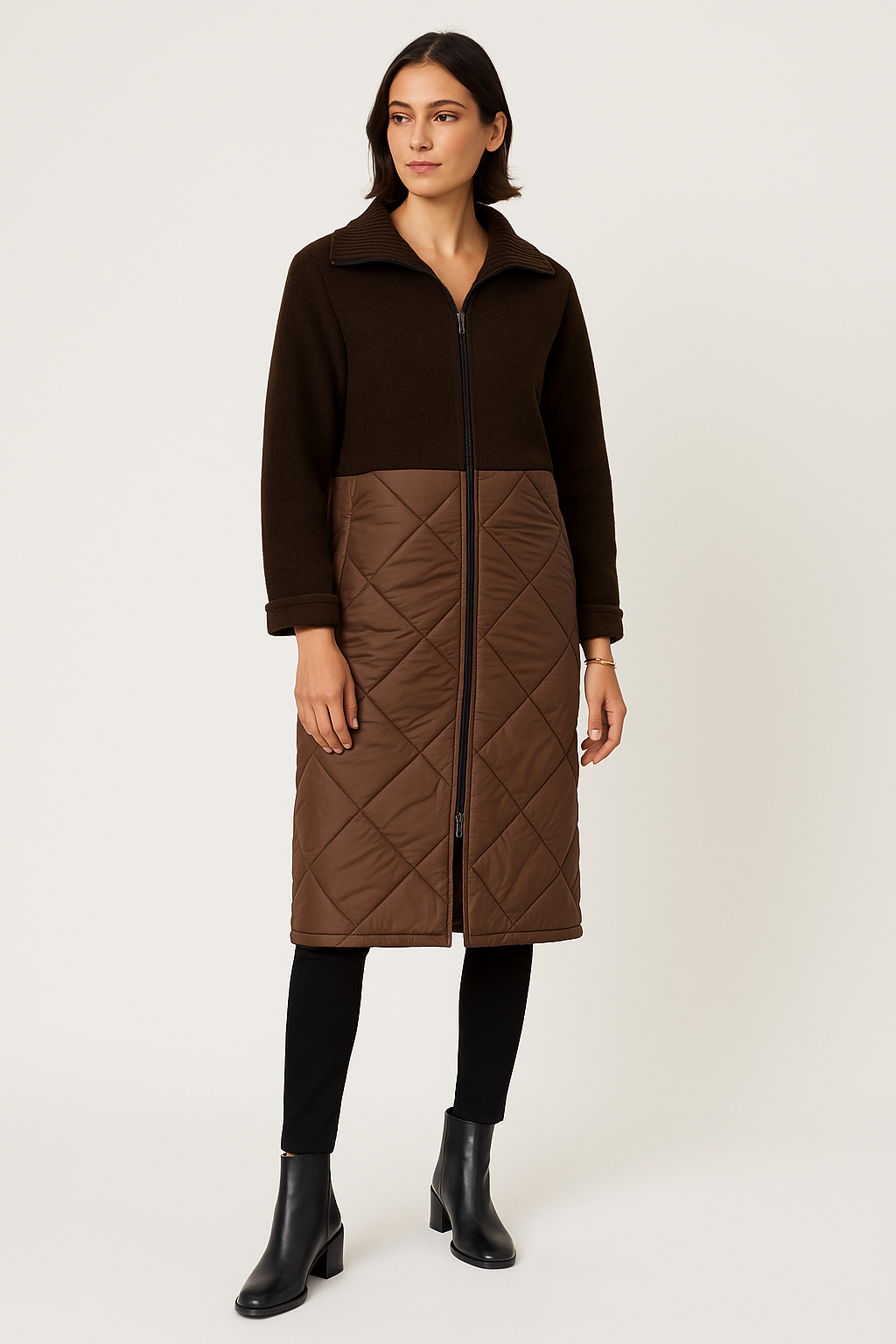 Two-tone quilted coat — chocolate blend perfection with a modern zip-front finish.