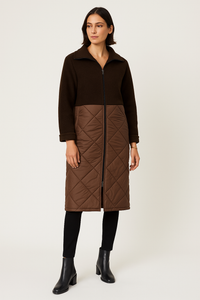 Two-tone quilted coat — chocolate blend perfection with a modern zip-front finish.