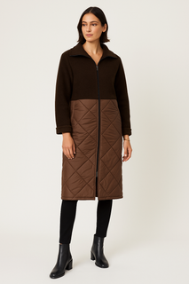 Two-tone quilted coat — chocolate blend perfection with a modern zip-front finish.