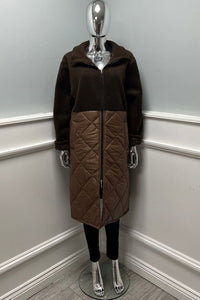 Two-tone quilted coat — chocolate blend perfection with a modern zip-front finish.