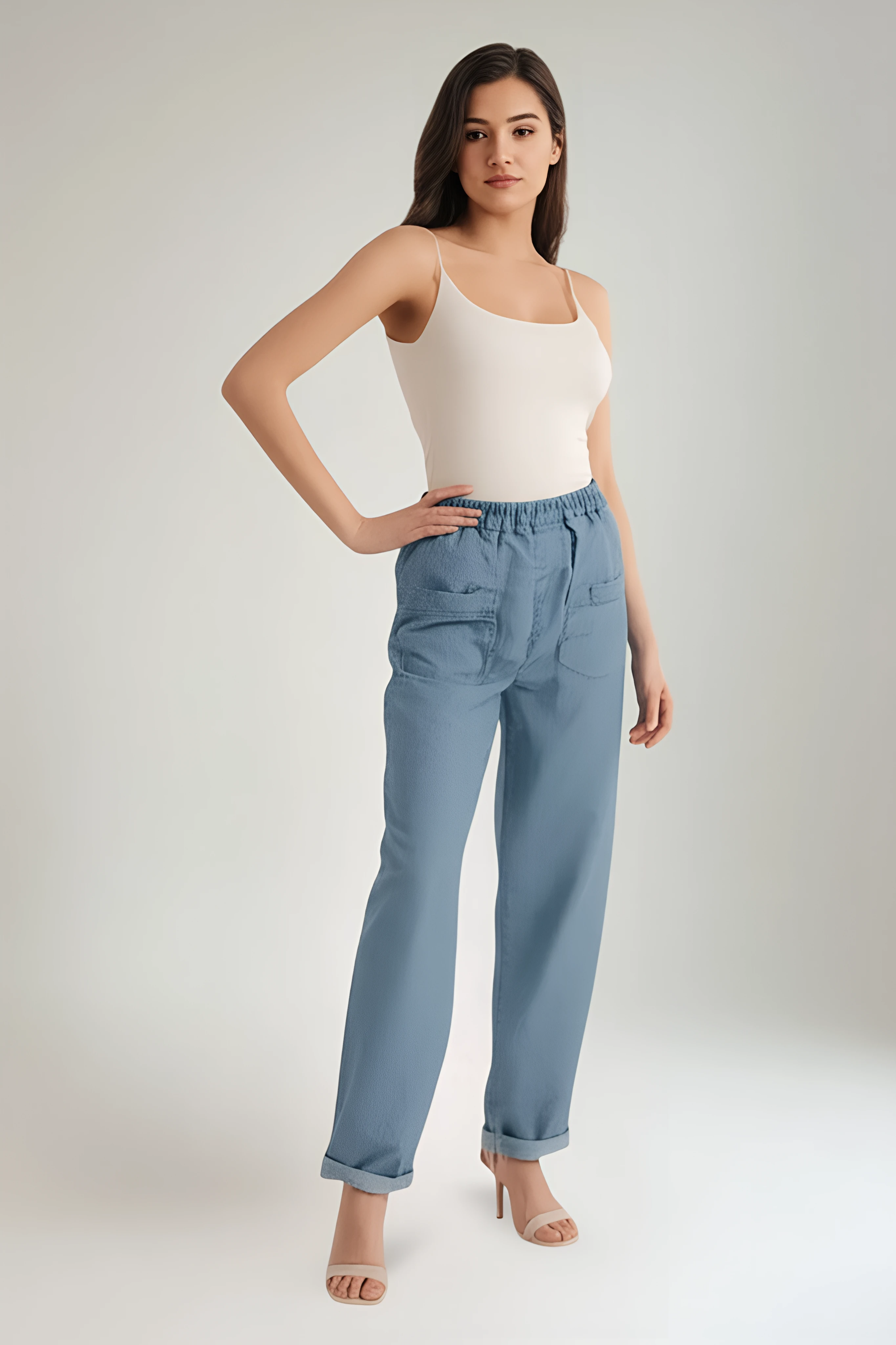 Elasticated Waist, Viscose Contrast, Two Pocket, Washed Stretchy Trouser