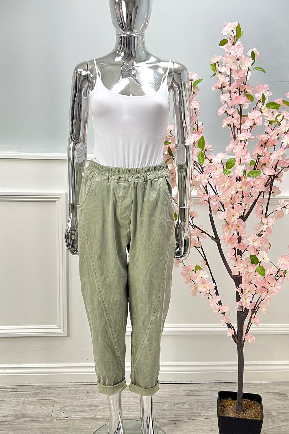 Elasticated Waist, Viscose Contrast, Two Pocket, Washed Stretchy Trouser