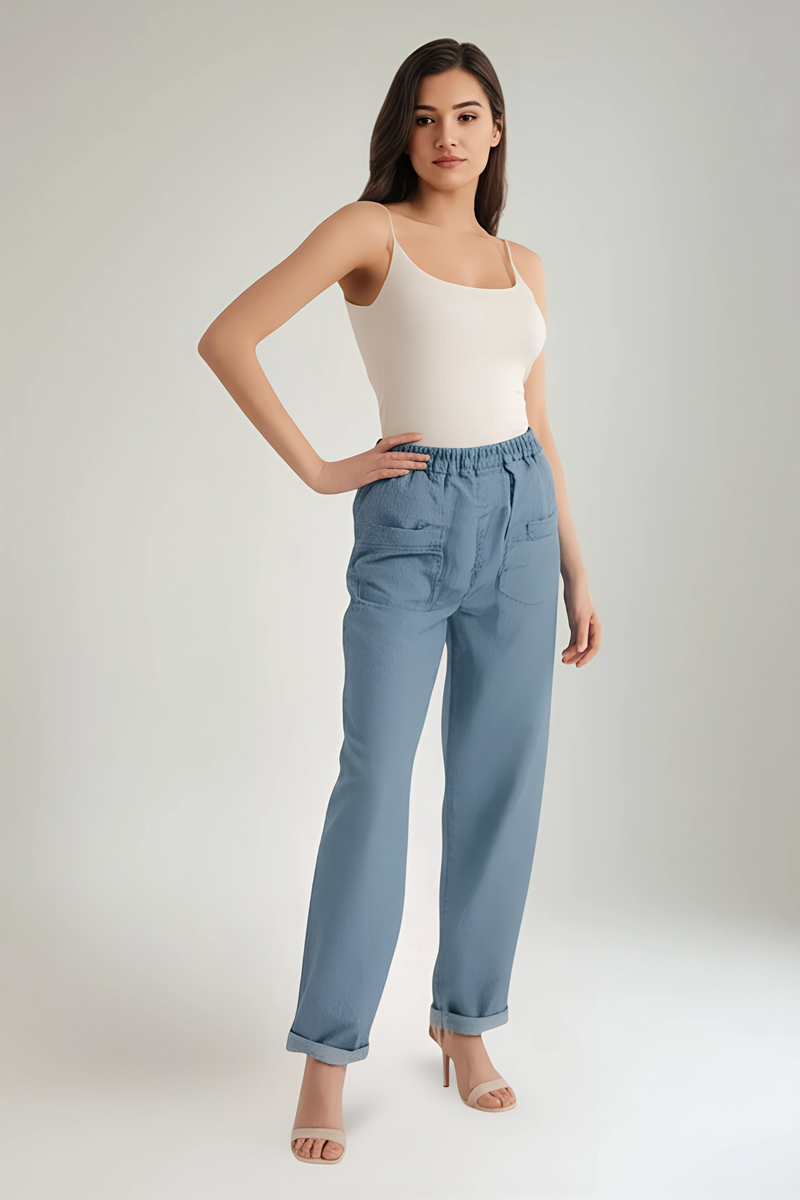 Elasticated Waist, Viscose Contrast, Two Pocket, Washed Stretchy Trouser