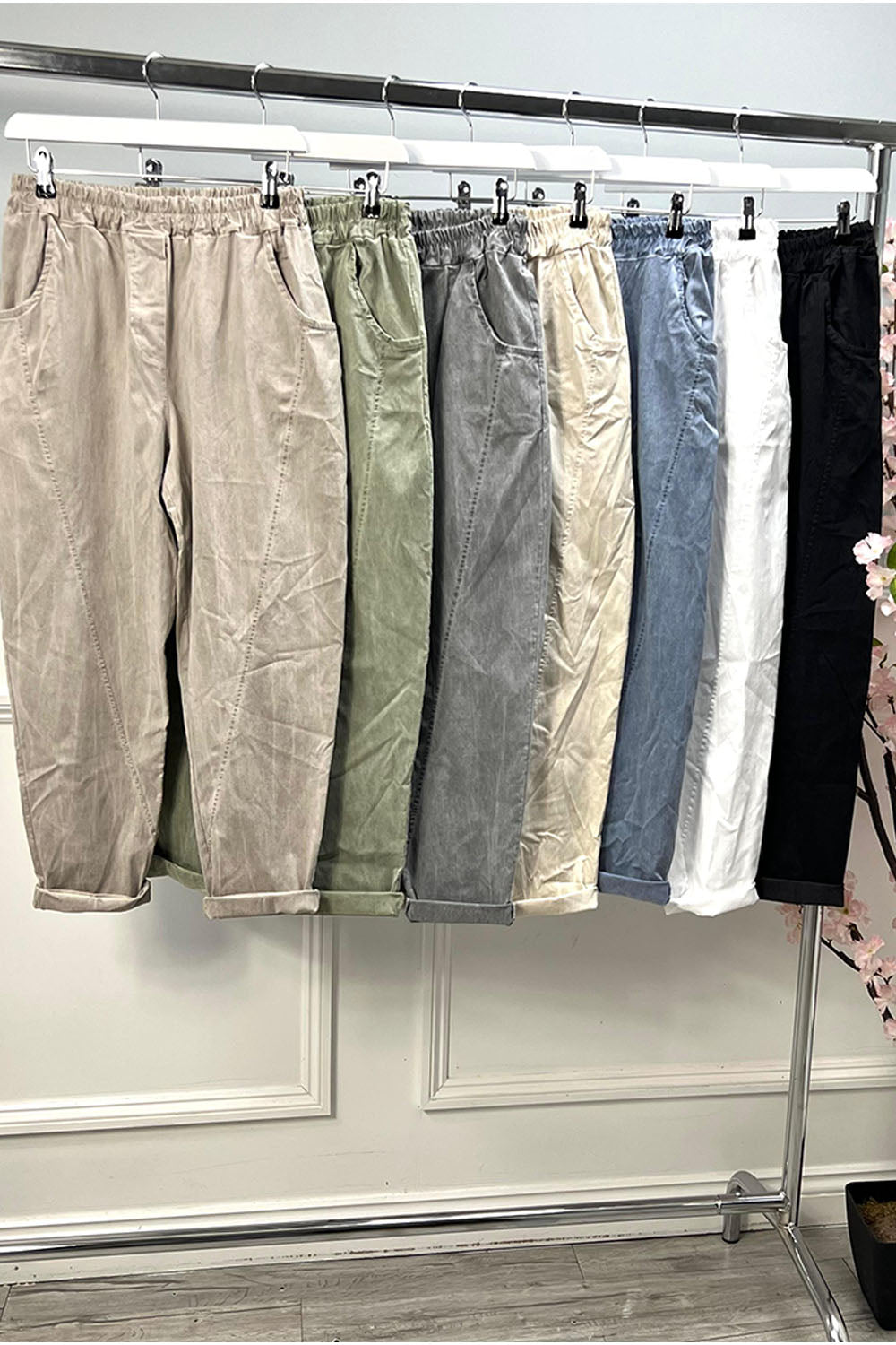 Elasticated Waist, Viscose Contrast, Two Pocket, Washed Stretchy Trouser