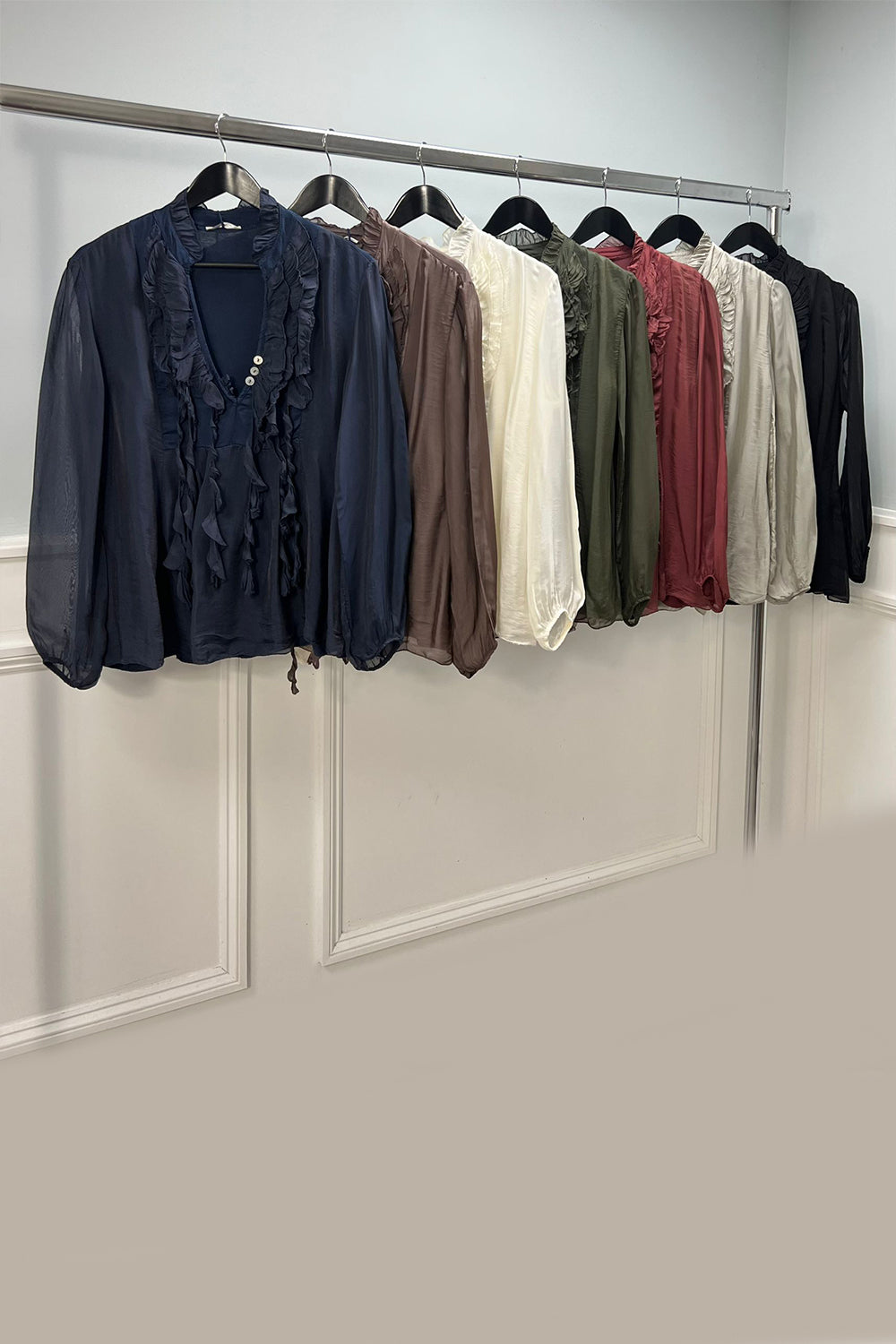 V-Neck, Button & Frill Detailed, Elasticated Cuff, Double Layered Silk Top
