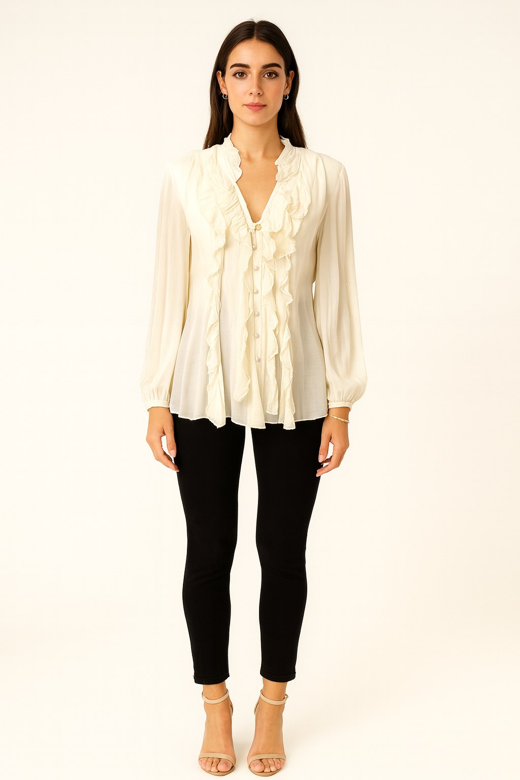 V-Neck, Button & Frill Detailed, Elasticated Cuff, Double Layered Silk Top