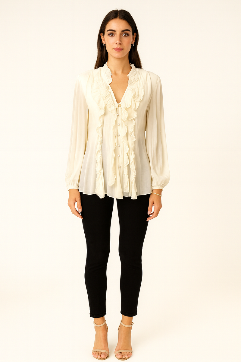 V-Neck, Button & Frill Detailed, Elasticated Cuff, Double Layered Silk Top