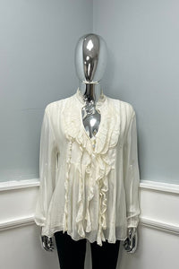 V-Neck, Button & Frill Detailed, Elasticated Cuff, Double Layered Silk Top