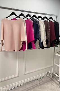 Round Neck, Pearl & Diamanté Studded, Viscose Batwing Ribbed Top