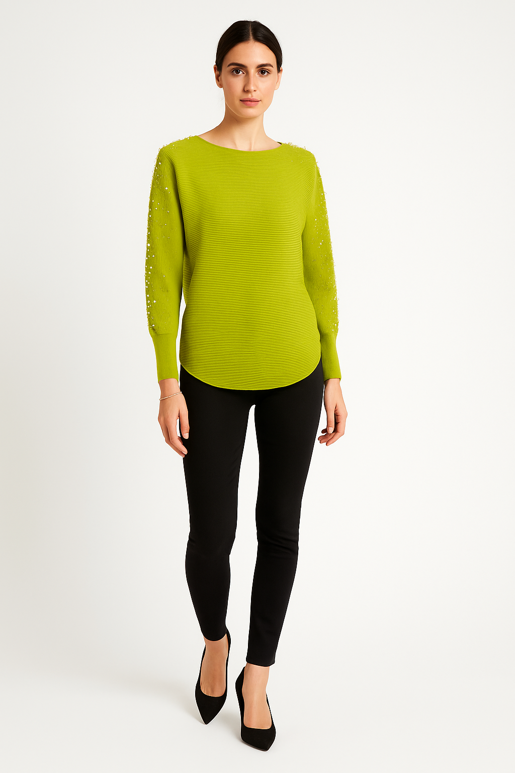 Round Neck, Pearl & Diamanté Studded, Viscose Batwing Ribbed Top