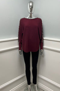 Round Neck, Pearl & Diamanté Studded, Viscose Batwing Ribbed Top