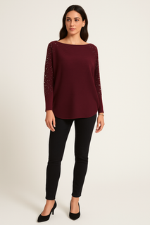 Round Neck, Pearl & Diamanté Studded, Viscose Batwing Ribbed Top