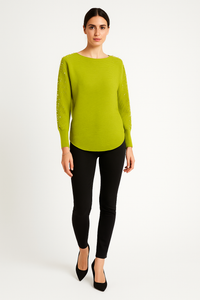 Round Neck, Pearl & Diamanté Studded, Viscose Batwing Ribbed Top