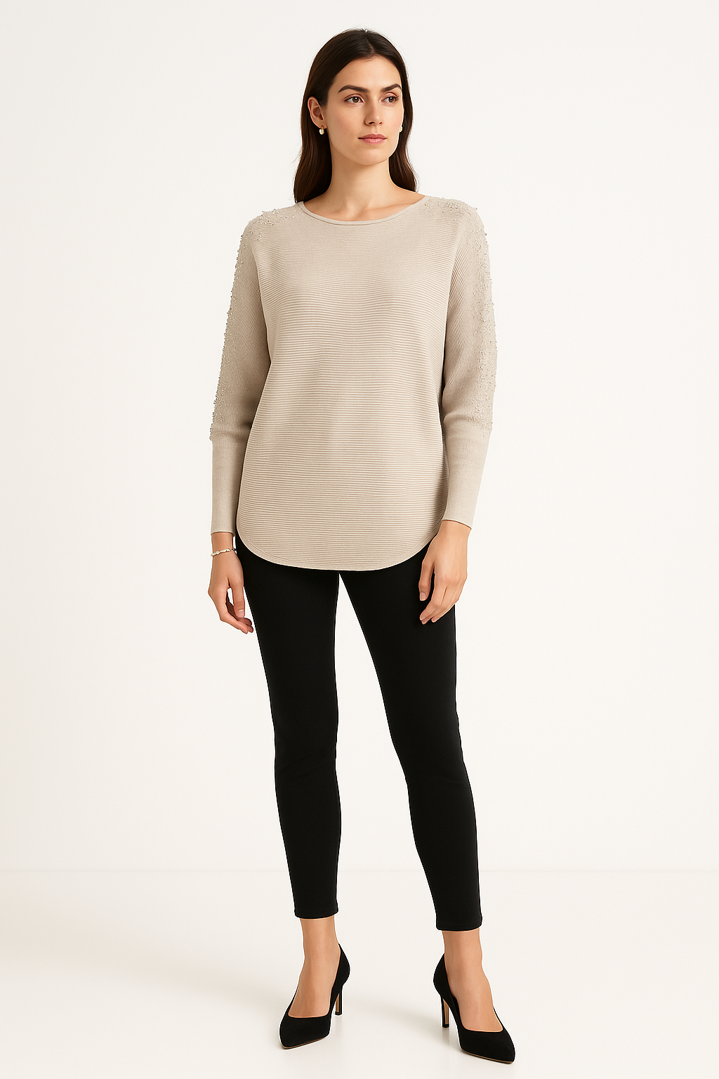 Pearl-Embellished Ribbed Knit Top