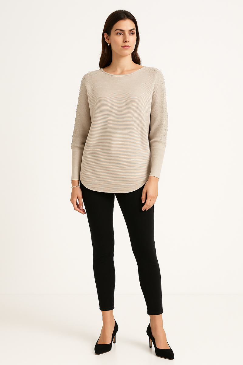 Pearl-Embellished Ribbed Knit Top