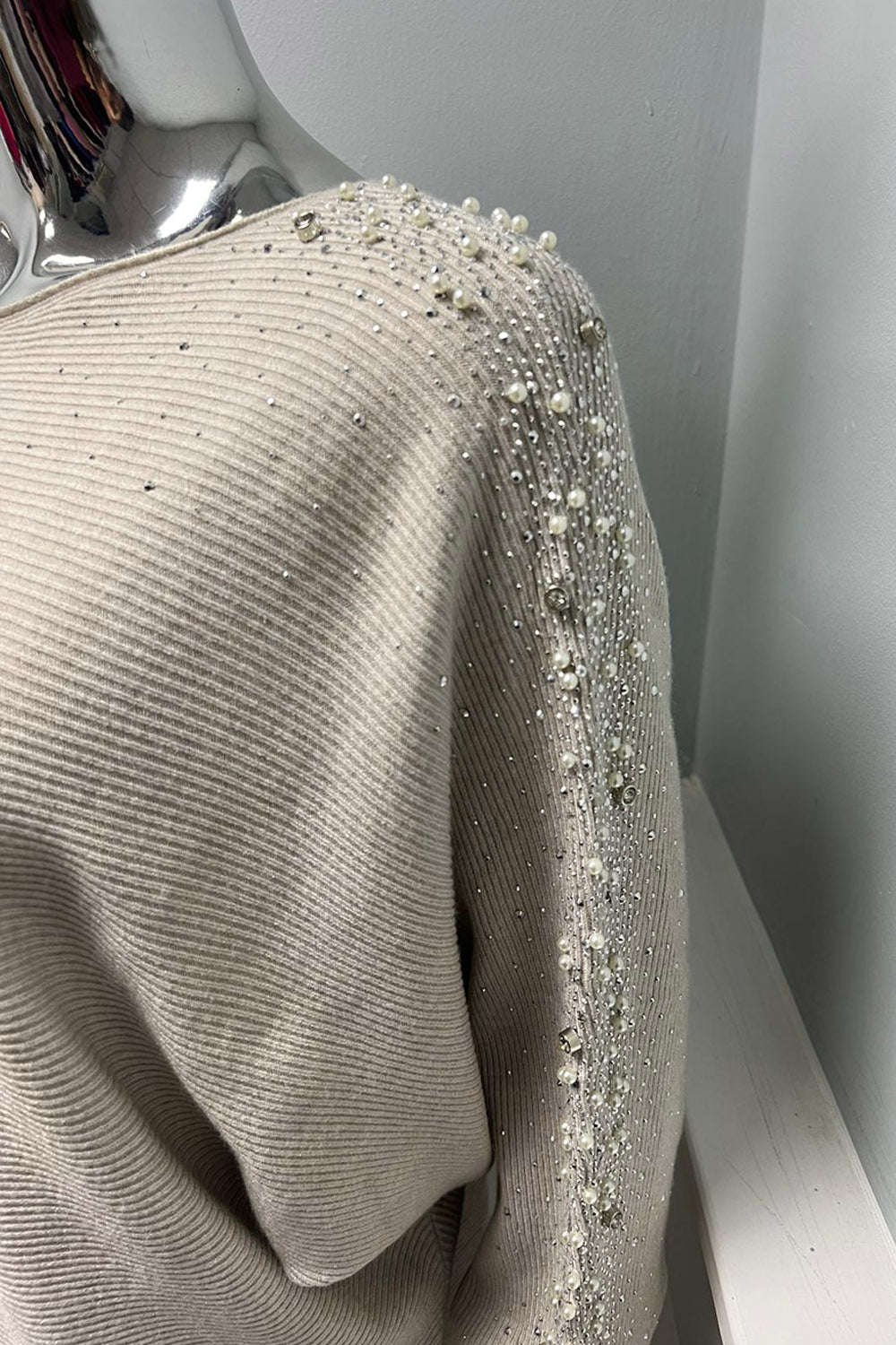 Pearl-Embellished Ribbed Knit Top