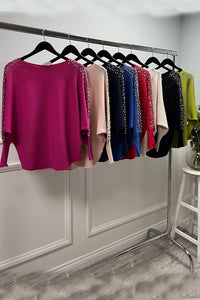 Round Neck, Pearl & Diamanté Studded, Viscose Batwing Ribbed Top