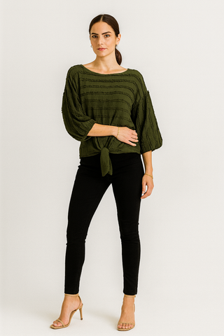 Textured Tie-Front Blouse, Fit: Relaxed with adjustable tie-front hem
