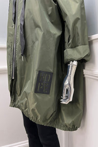 Olive Green Jacket – Hooded Zip-Up with Ring Details