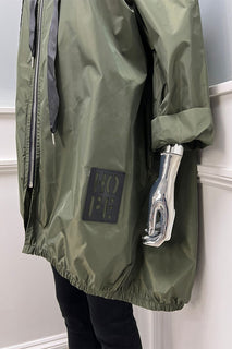 Olive Green Jacket – Hooded Zip-Up with Ring Details