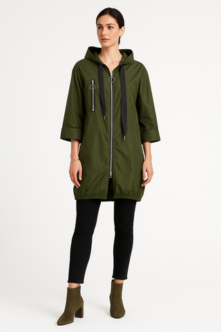 Olive Green Jacket – Hooded Zip-Up with Ring Details