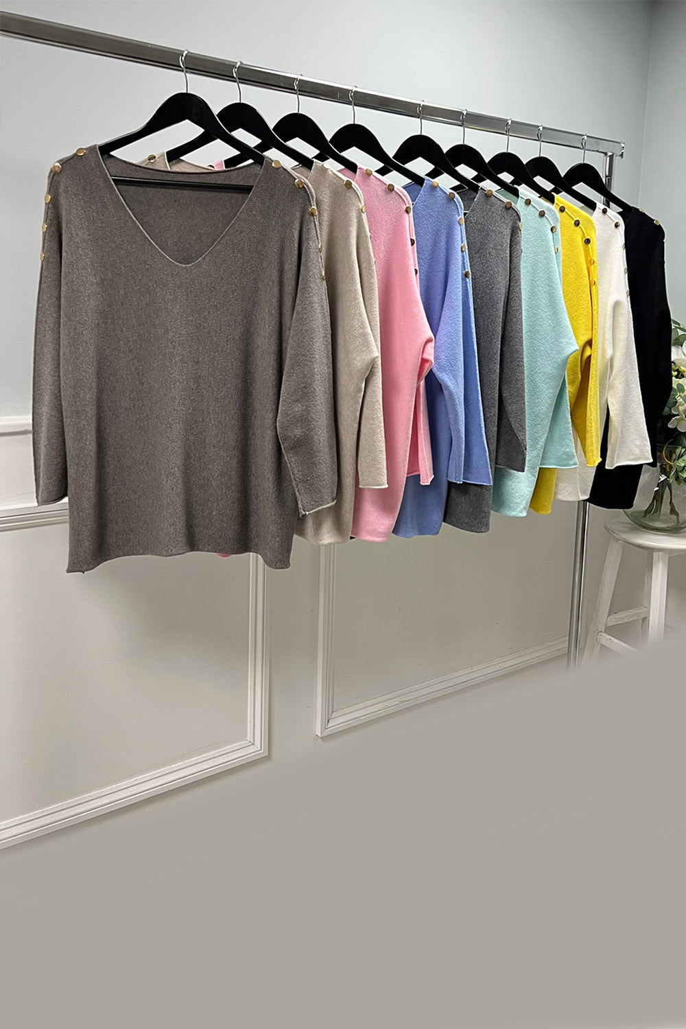 V-Neck, Stud Detailed, Viscose Knitted Jumper