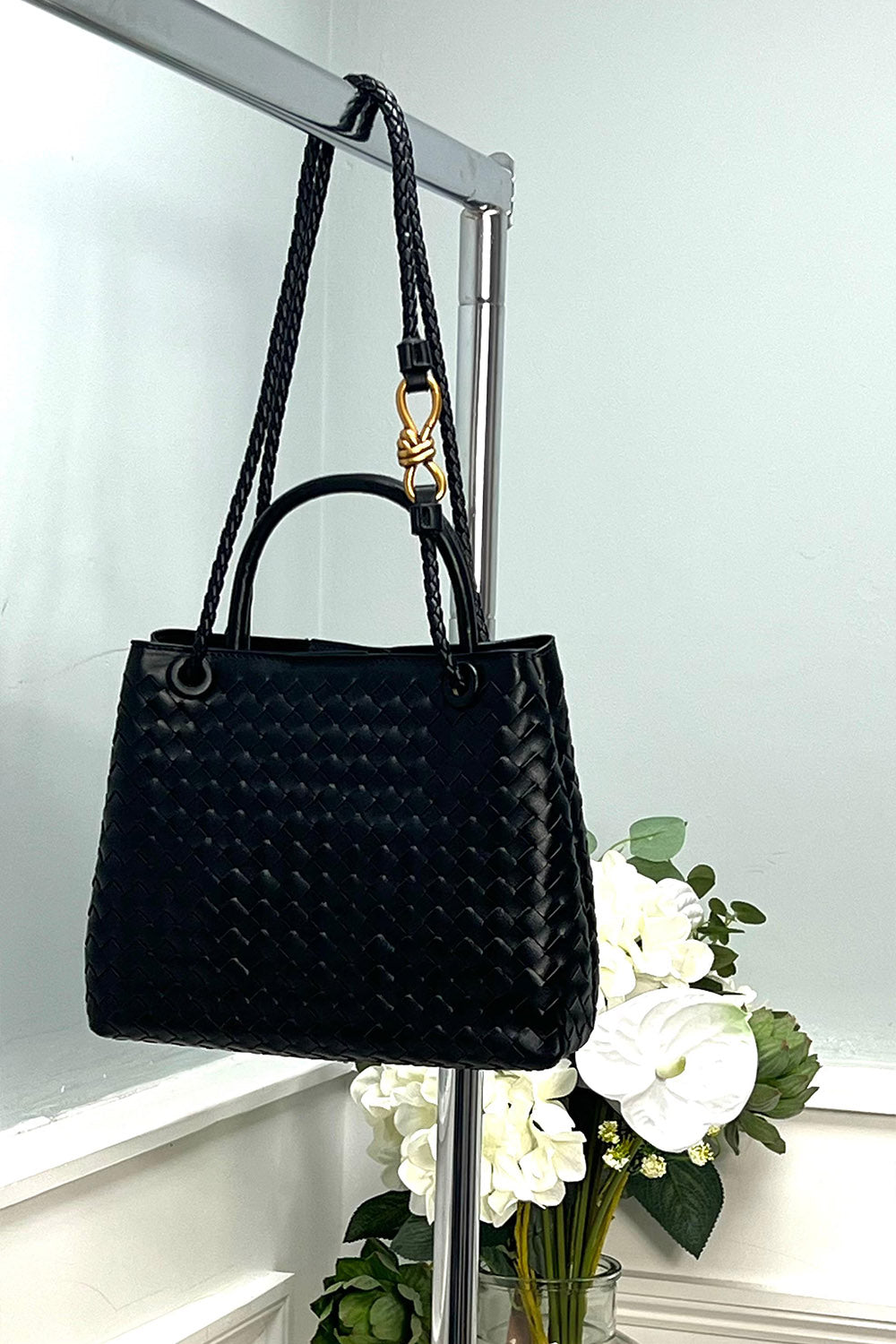 Braided Handle Woven Tote Bag